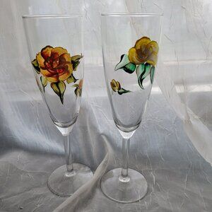 Hand-Painted Yellow Floral Champagne Flutes Glass Set Of 2